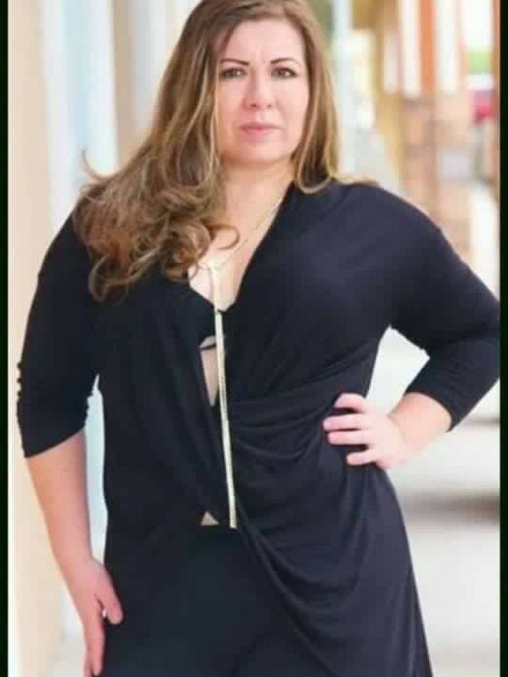 Black Draped Asymmetrical Tunic Top 3/4 Sleeve Stretch Knit